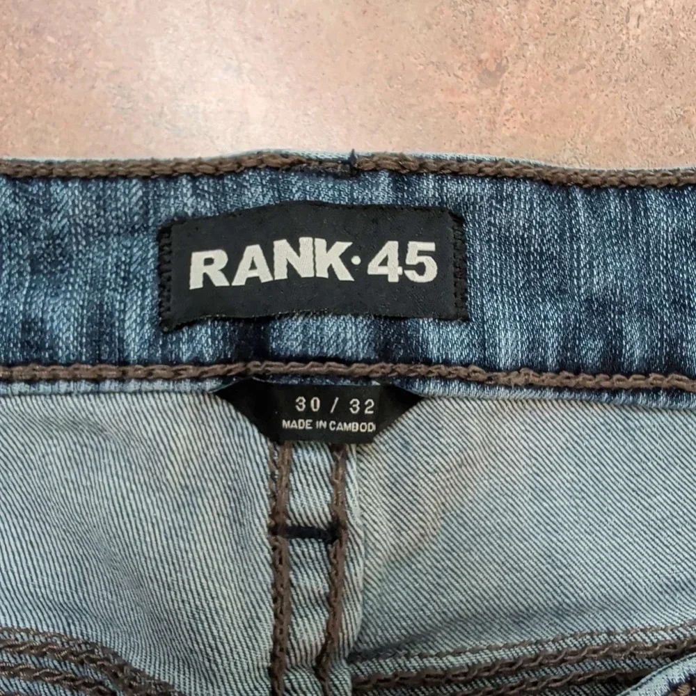 Rank 45 Straight Leg Jeans Mens 30x32 Blue Medium Wash Stretch Leather Trim